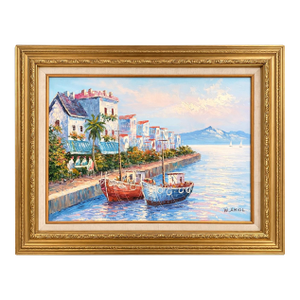 Vintage Mediterranean Harbor Painting With Fishing Boats in Ornate Gold Frame, Signed W. Amiol
