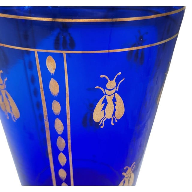 Vintage Boho Mid Century Hand Blown Cobalt Blue Glass Vase With Gold Honey Bee Accents For Sale - Image 14 of 18