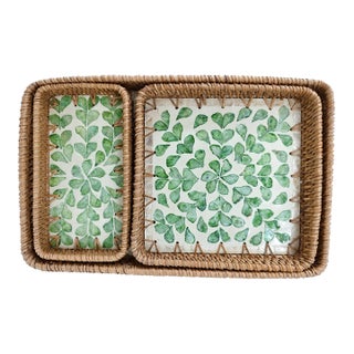 Set of Three Leaf-Patterned Rattan and Mother-of-Pearl Inlaid Rectangular Trays For Sale