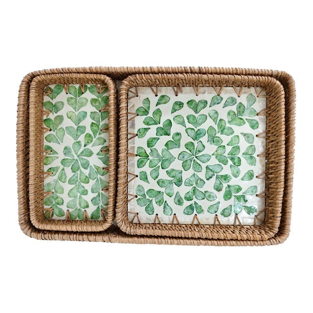 Set of Three Leaf-Patterned Rattan and Mother-of-Pearl Inlaid Rectangular Trays For Sale