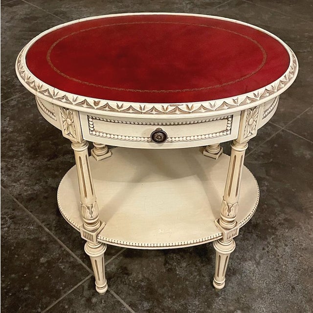 Antique French Louis XVI Painted Oval Side Table With Leather Top For Sale In Baton Rouge - Image 6 of 17