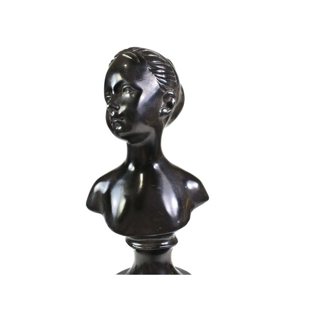 Vintage Neoclassical Bronze Boy and Girl Bust on Marble Base Figurines- A Pair For Sale - Image 14 of 15