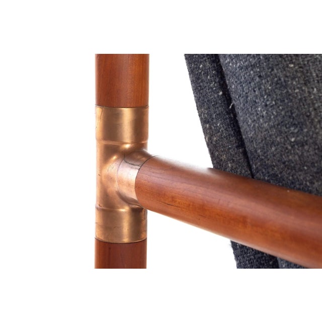 Unique Industrial Brass and Walnut Lounge Chair with Gray Tweed Upholstery, USA, circa 1970's For Sale In Orlando - Image 6 of 11