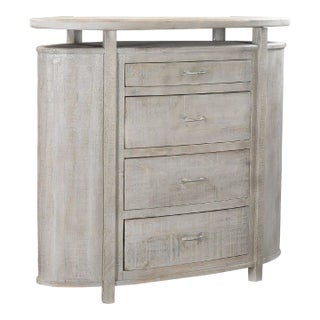Mid Century Mod Oval 4 Drawers Solid Wood Dresser in Distressed White For Sale