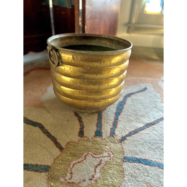 Solid Brass Ribbed Jardiniere Planter with Decorative Ring Handles For Sale - Image 4 of 12