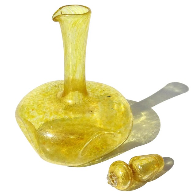 Compagnia Di Venezia E Murano (C.V.M.) Murano Venetian Antique Yellow Spots Gold Fleck Italian Art Glass Dimple Squared Cruet Bottle For Sale - Image 4 of 8