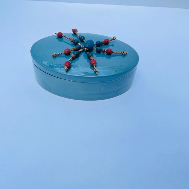 Mid 20th Century Antique Dux Blue Porcelain Lidded Catchall With Wooden Beads For Sale - Image 5 of 9