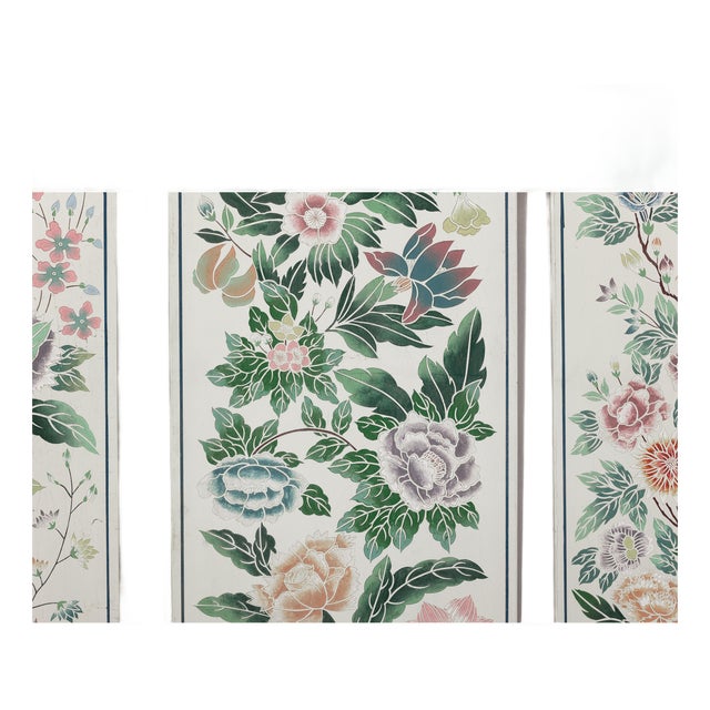 "About the Item This set of four vintage Chinese painted panels presents a continuous floral composition that evokes the...