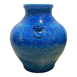 Mansion Size Chinoiserie Dragon/Phoenix Turquoise Porcelain Vase 25" H