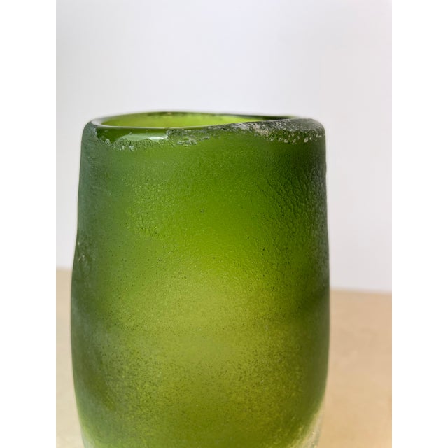 Contemporary Handblown Green Ombre Frosted & Crackle Glass Vase For Sale - Image 3 of 8