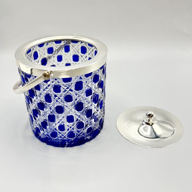 Mid-Century Modern Art Glass Jars with Blue Cut in Clear Crystal Biscuit Barrels with Silver-Plated Mounts, 1950s, Set of 2 For Sale - Image 15 of 18