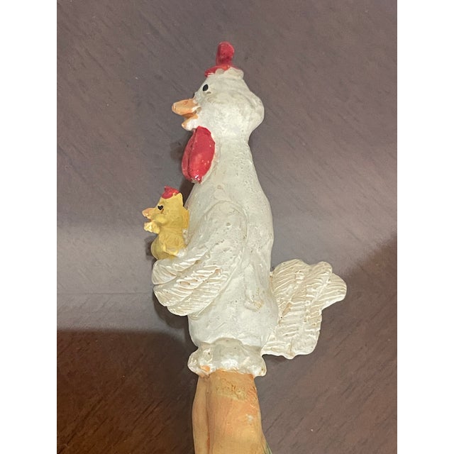 Vintage whimsical hen with chicken resin figurine on brass base as lamp finial.