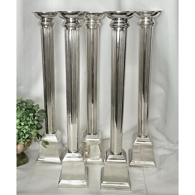 Contemporary Vintage Candle Holders Silver Metal Pillar Candlesticks - Set of 5 For Sale - Image 3 of 9