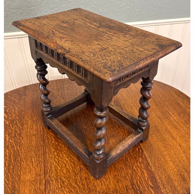 Antique English Footstool Bench Stool Joint Stool Barley Twist Carved Oak c.1900 For Sale - Image 15 of 16