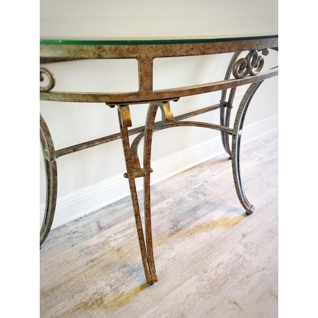 Vintage Hollywood Regency Italianate Glass Console Table With Ornate Gilt Iron Base For Sale - Image 9 of 10