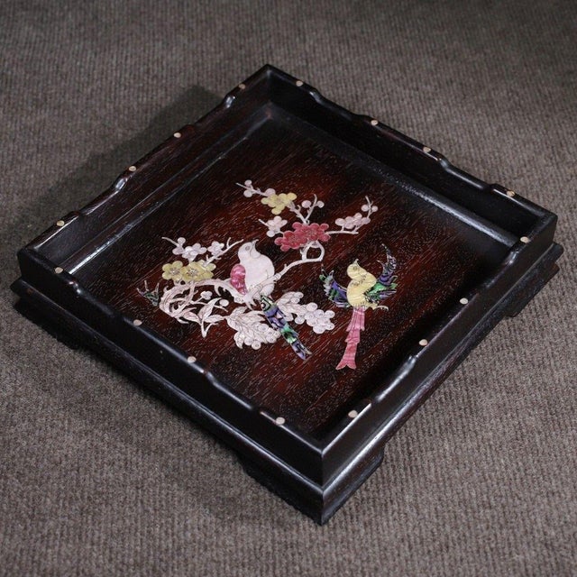 Traditional Late 20th Century Square Wooden Tray With Mother-of-Pearl Bird and Blossom Inlay For Sale - Image 3 of 9