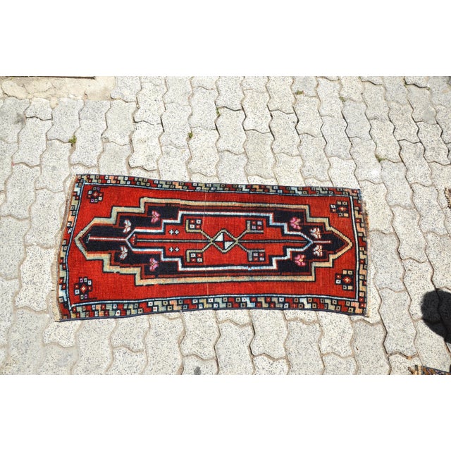 1960s Vintage Red and Navy Blue Hand Knotted Small Rug For Sale - Image 6 of 6