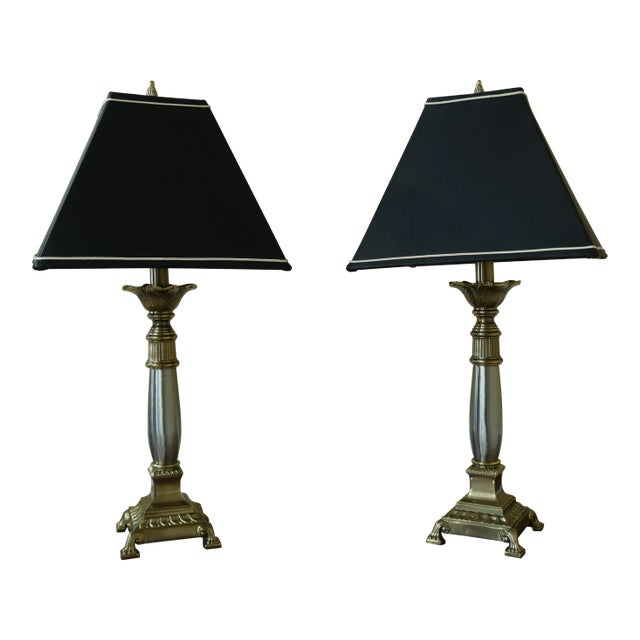 Regency Brass & Steel Table Lamps W. Black Shades - a Pair For Sale