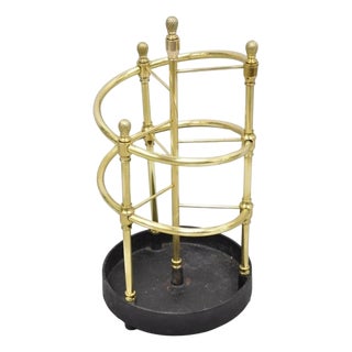 Sarreid LTD Victorian Style Polished Brass Cast Iron Spiral Umbrella Cane Stand For Sale