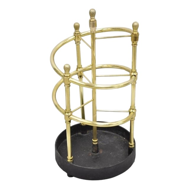 Sarreid LTD Victorian Style Polished Brass Cast Iron Spiral Umbrella Cane Stand For Sale