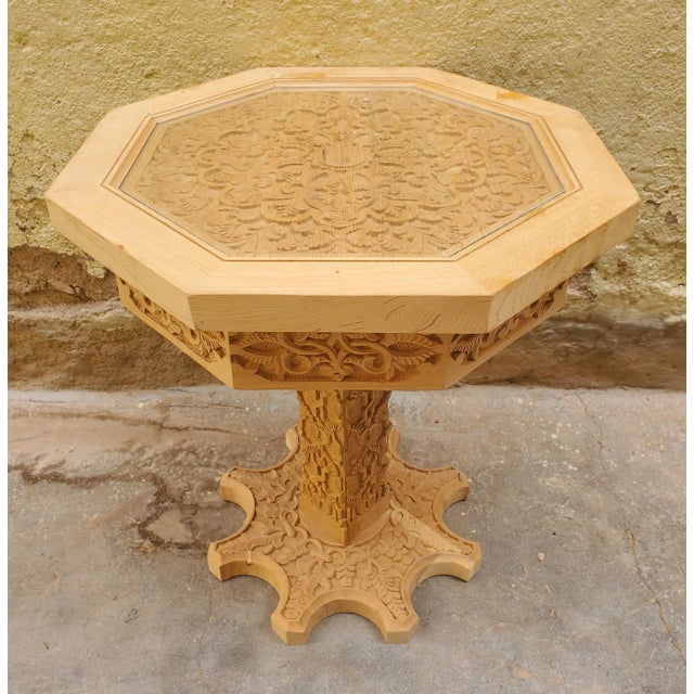 Wood Pedestal Moroccan Carved Wooden Octagonal Side Table For Sale - Image 7 of 7