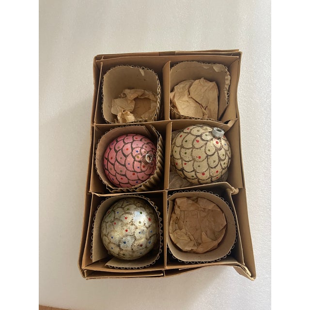 Shabby Chic Set of 3 Antique Blown Glass Christmas Balls For Sale - Image 3 of 4