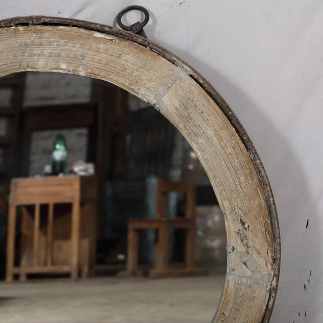Farmhouse Antique Indian Bleached Teakwood “Wagon Wheel” Round Mirror For Sale - Image 3 of 5