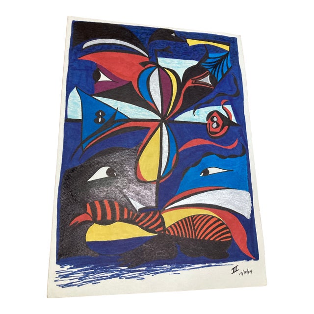 Colorful Vintage Ink Drawing For Sale