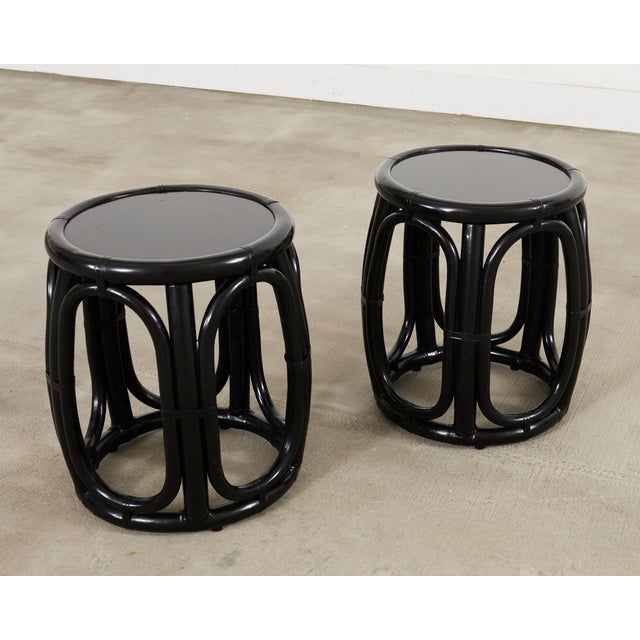 Pair of McGuire Lacquered Rattan Taborette Drum Drink Tables For Sale In Sacramento - Image 6 of 18