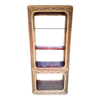 Vintage Tall Rattan 3 Smoked Glass Etagere Curio Shelf Cabinet For Sale