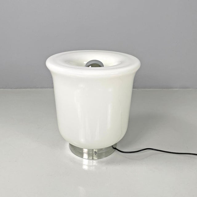 1970s Italian Modern Round Table Lamp with Curved Profiles Metal and White Glass, 1970s For Sale - Image 5 of 18
