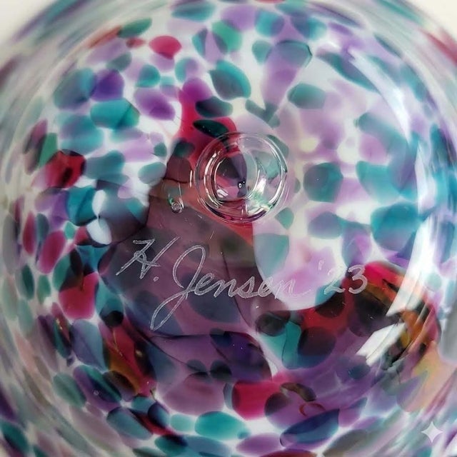 Huge 25" Hand-Blown Art Glass Wave Bowl Signed by H. Jensen & Wildfire 3 Views For Sale - Image 9 of 11