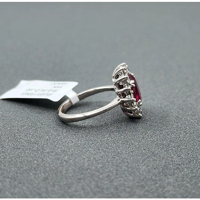 Metal Natural Ruby & Diamond Halo Ring in 14k White Gold – 2.05 Ct Size 5 For Sale - Image 7 of 9