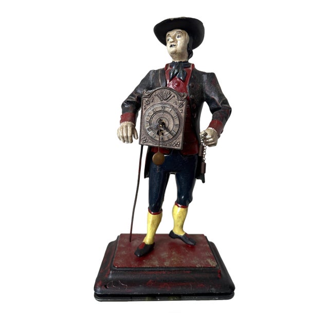 Antique Style Painted Cast Iron Dutch Peddler Clock Figure Folk Art Uhrenträger Mantelpiece Decor For Sale