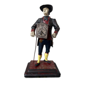 Antique Style Painted Cast Iron Dutch Peddler Clock Figure Folk Art Uhrenträger Mantelpiece Decor