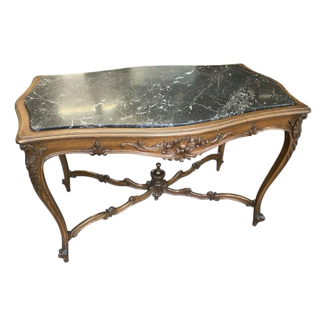 Antique Victorian Carved Walnut Marble Top Parlor Table Stand For Sale