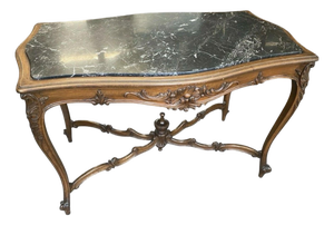 Antique Victorian Carved Walnut Marble Top Parlor Table Stand