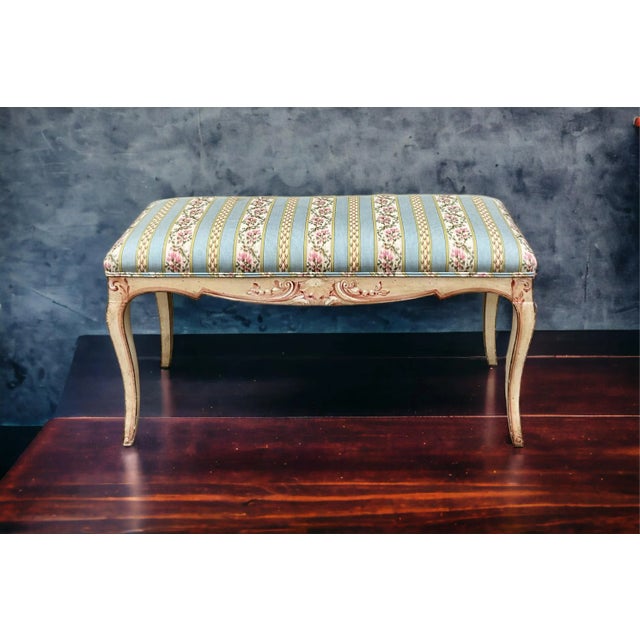1960s Carved and Painted Italian Bench / Ottoman in Striped Floral Chintz For Sale In Atlanta - Image 6 of 7