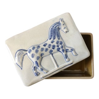 Ceramic Blue Horse Decorated Trinket Box For Sale