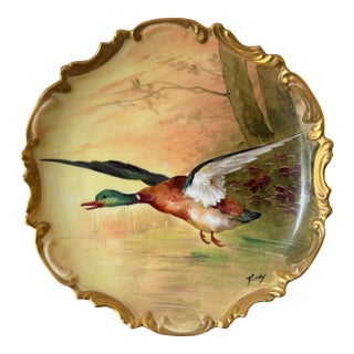 Antique Limoges Coronet France Hand Painted Mallard Duck Plate With Gilded Rococo Rim For Sale