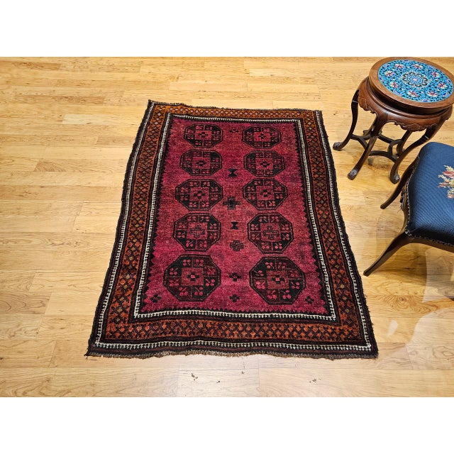 Tribal Vintage Afghan Bokhara Area Rug, Hand-Knotted Wool, Allover Geometric Pattern, Plum & Burgundy, 4x5 For Sale - Image 3 of 17