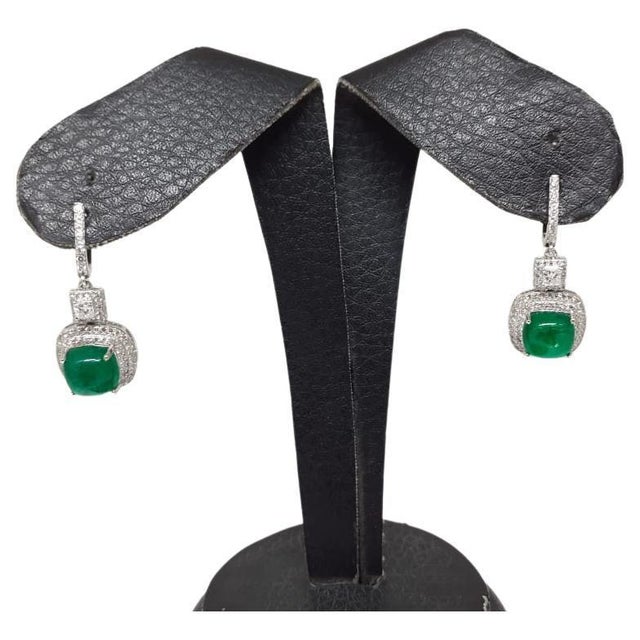 Natural Zambian Emerald Caboshan 8.42 Carats and Diamonds 1.54 Carats /14k Gold, A Pair For Sale In New York - Image 6 of 18