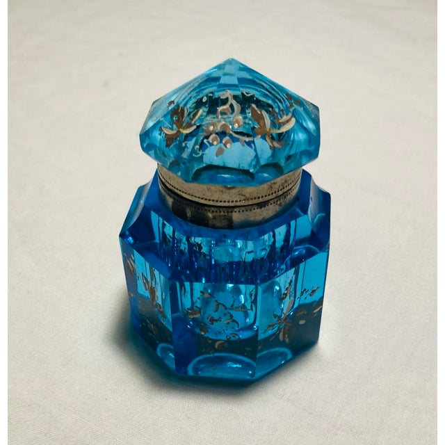 Blue faceted crystal enamel painted inkwell fragrance bottle metal hinged & peaked top