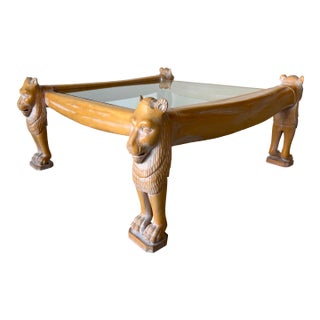 Vintage Egyptian Revival Hand-Carved Wood Lion Coffee Table With Inset Glass Top For Sale