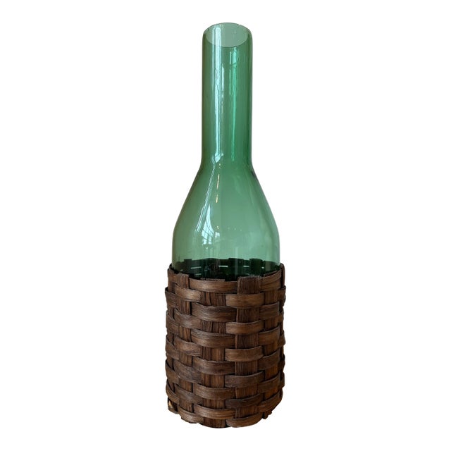 Vintage 13.5” Mid-Century Italian Emerald Green Glass Carafe With Fitted Woven Sleeve For Sale