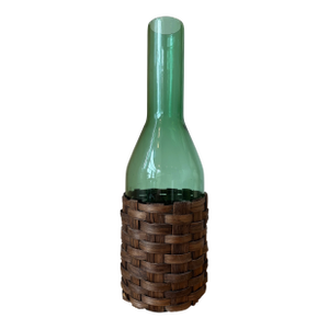 Vintage 13.5” Mid-Century Italian Emerald Green Glass Carafe With Fitted Woven Sleeve