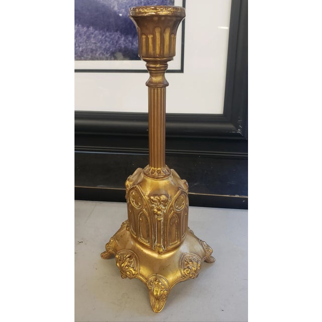 Pair of Gilt Patinated Metal Ecclesiastical Style Candleholders, Circa 1920s For Sale - Image 4 of 9