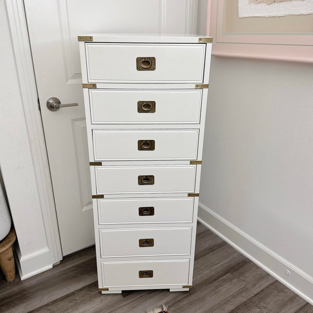 Thomasville 1960s Thomasville Vintage Hollywood Regency White & Gold Campaign Tall Lingerie Dresser Chest For Sale - Image 4 of 9