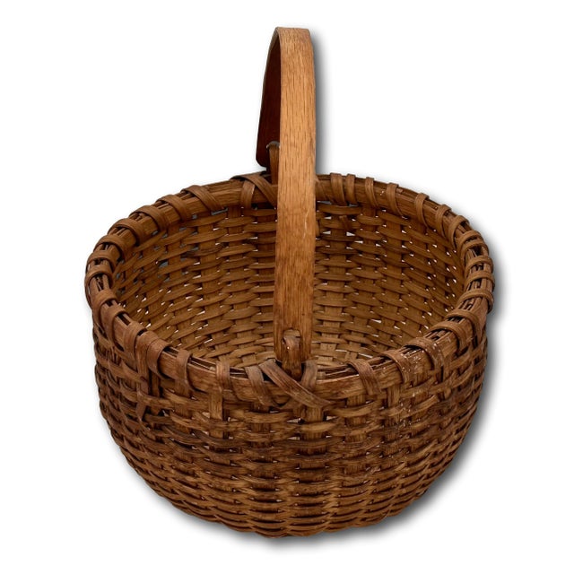 Antique Late 19th Century American Hand Woven Ash Wood Splint Swing Handle Carry Basket - Nice Color & Patina For Sale - Image 12 of 18
