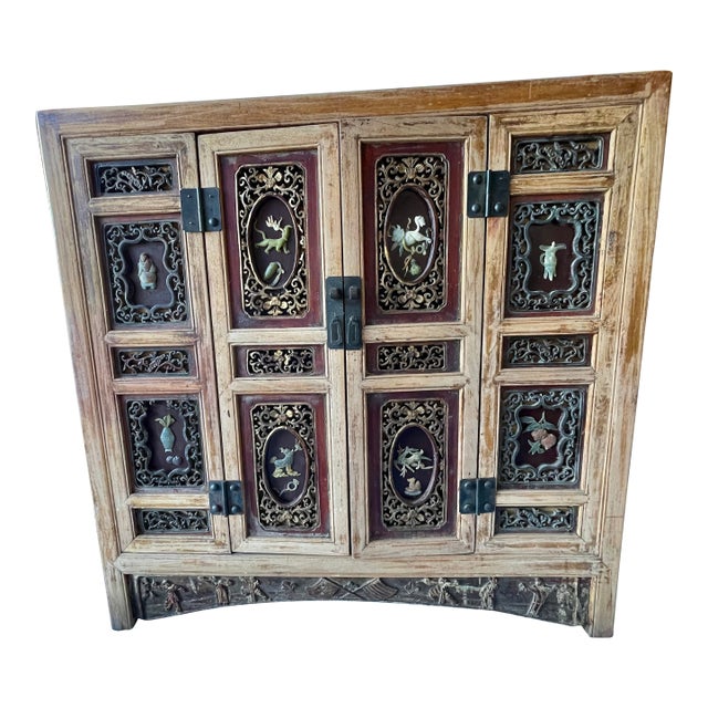 Mid 20th Century Asian Red Brown Sideboard/Cabinet Carved Wood Applied Hardstone Figural For Sale